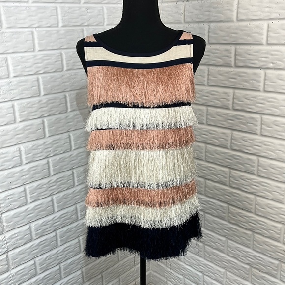 ANN TAYLOR Fringe sleeveless stripe blouse Navy, Peach, and cream size M - Picture 1 of 12